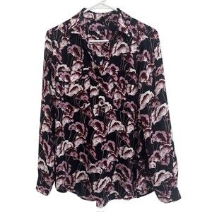 Ann Taylor Floral Women MEDIUM Paisley Blouse Burgundy Purple Long Sleeve Career